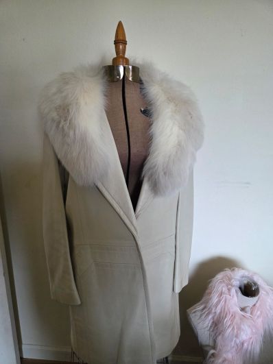 Vintage 1960's Cream Leather Teddy Bear L:ong Fur Coat Image