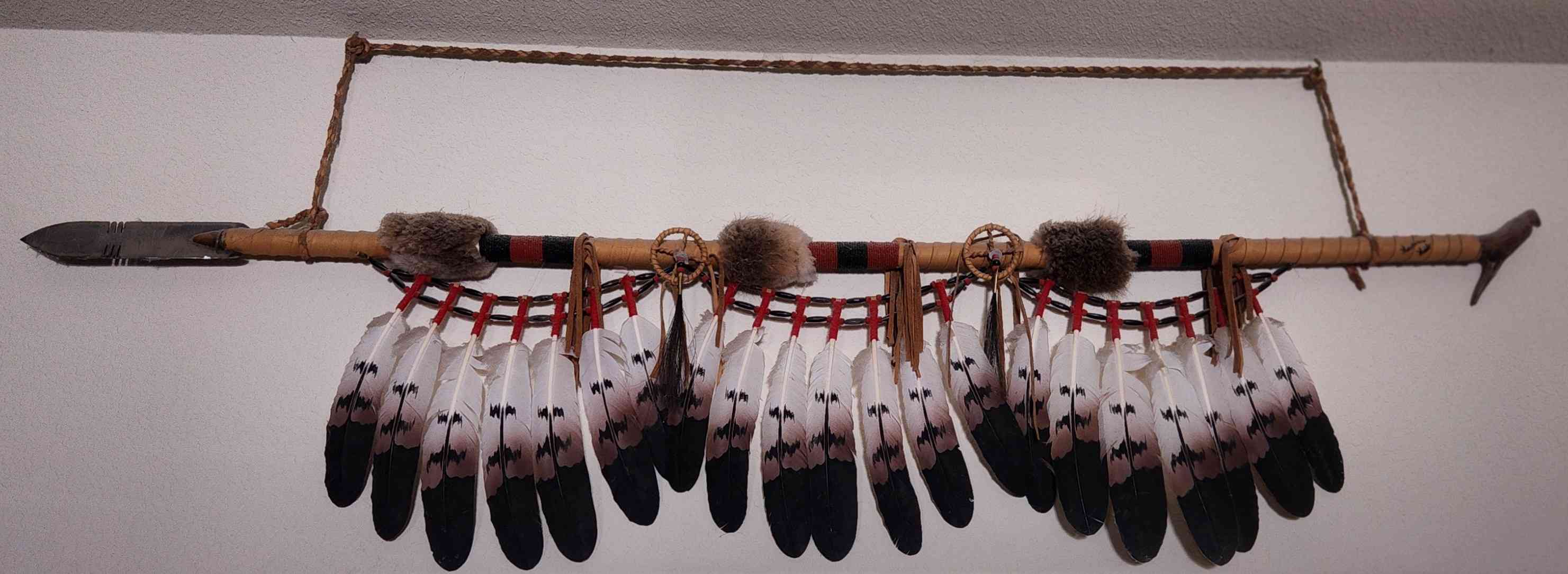 Vintage Native-Inspired Decorative Spear – Feathered Wall Hanging Image