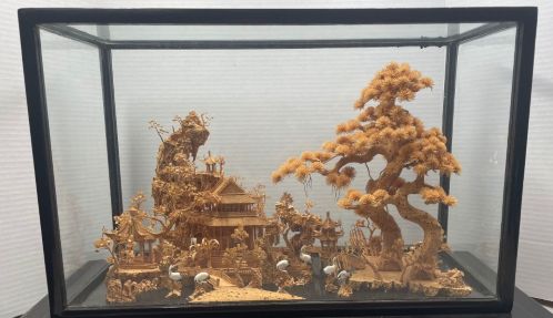 Chinese Cork Diorama Hand Carved Black Lacquer Art 21"x 10”x14" Image